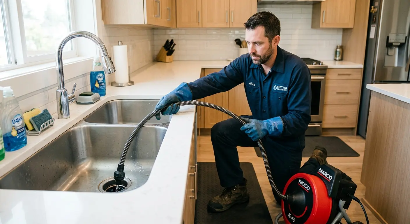 Drain cleaning technician using a motorized snake on a kitchen sink in Baldwin Park
