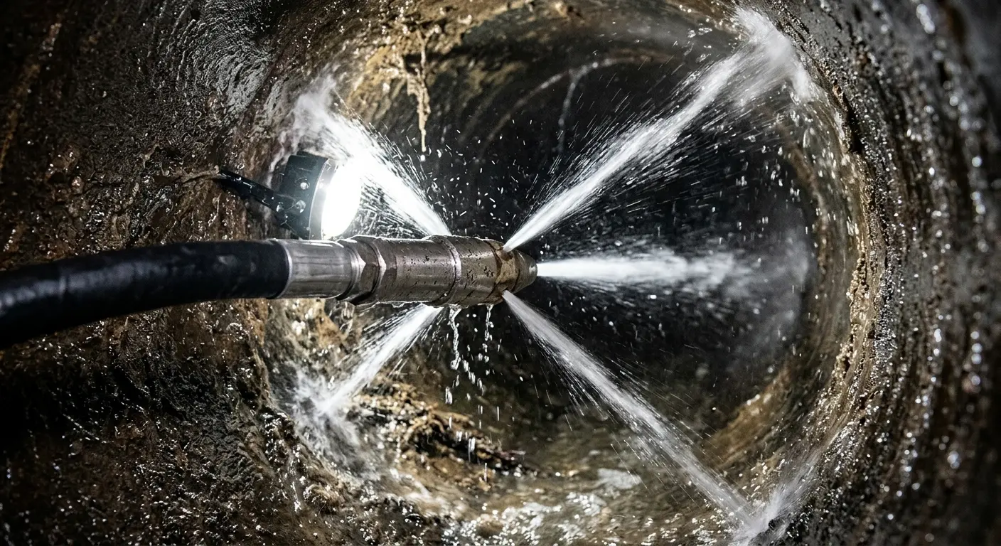High-pressure hydro jetting nozzle cleaning sewer pipe for Sewer Cleanout in Baldwin Park