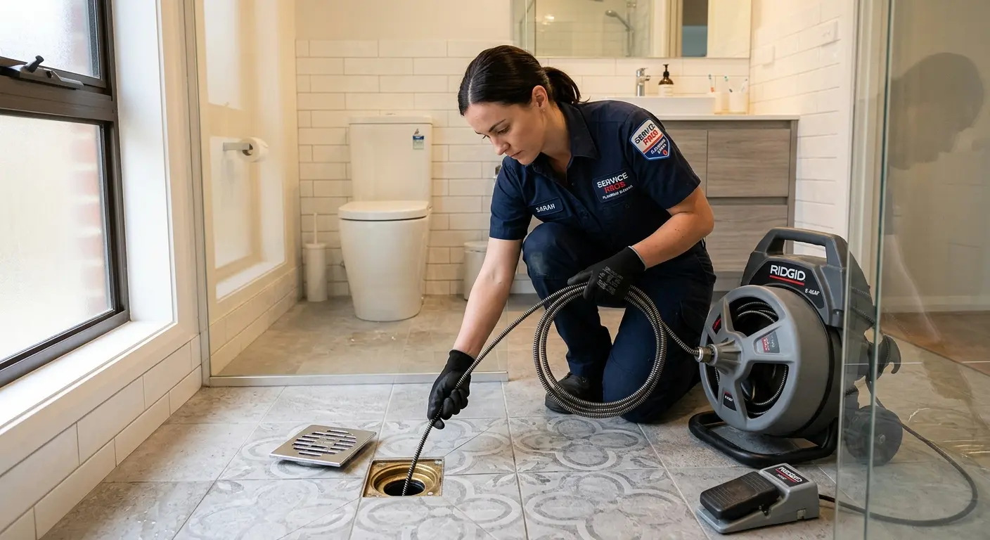 Technician clearing a bathroom floor drain for Drain Cleaning in Baldwin Park